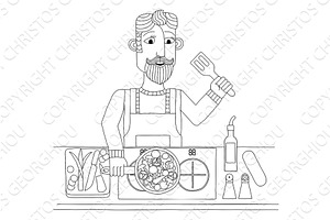 Man Cooking Vegetable Curry Chinese, a Food Illustration by Christos Georghiou