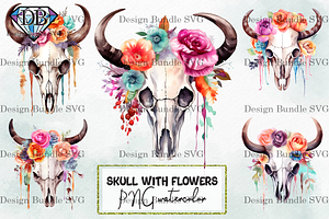 Cow Skull With Flowers PNG Design