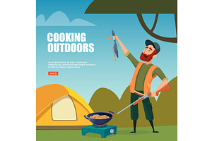 Cooking outdoors. camping background, a Sport Illustration by Onyx