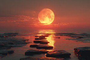 Sunset Moonlit Ocean Path Stonescape, a Photo by Pixeness Studio