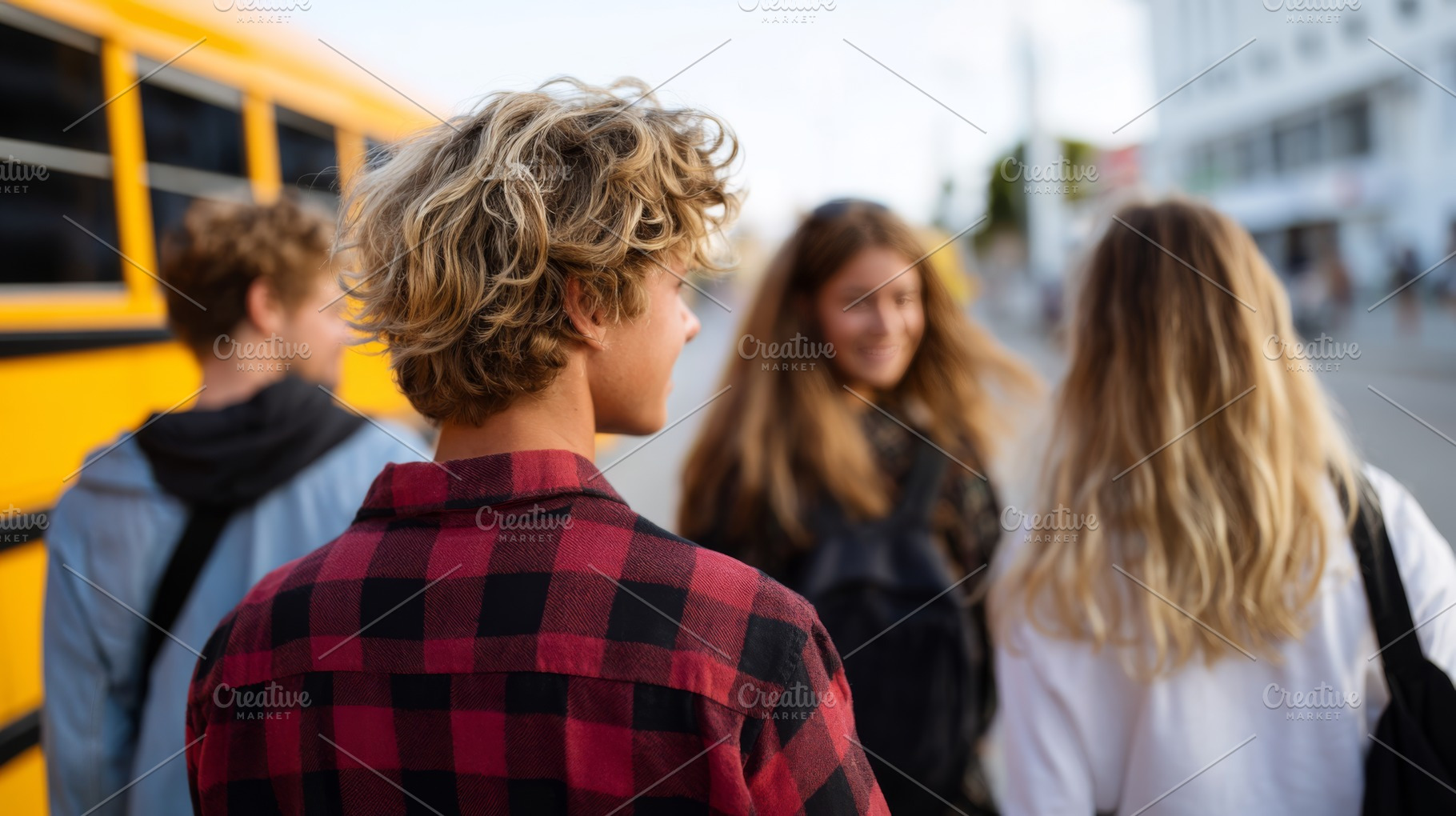 A group of teenagers walking away from a yellow school bus, showcasing a carefr, a Business Photo by ImageMir