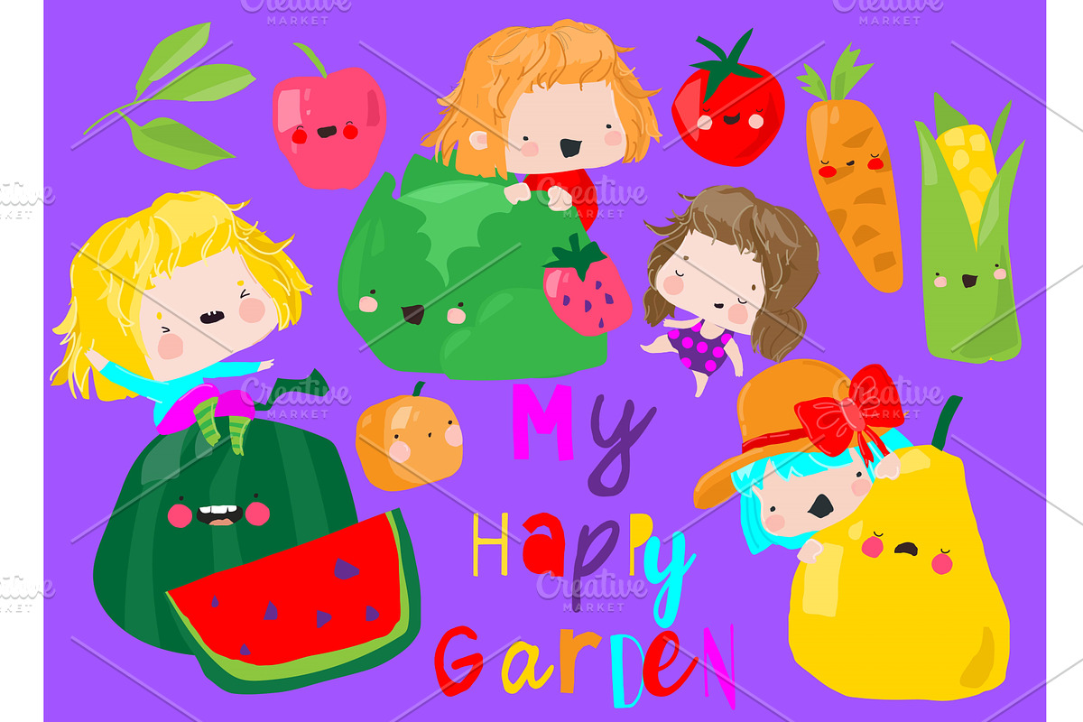 Cute Cartoon Kids standing with, a Food Illustration by Maria Starus
