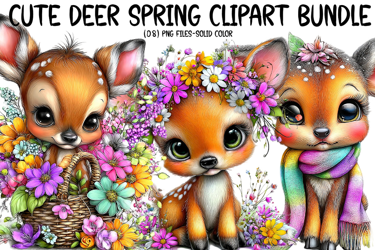 Cute Deer Spring Clipart Bundle, an Illustration by Designworld (Photo 1 of 8)