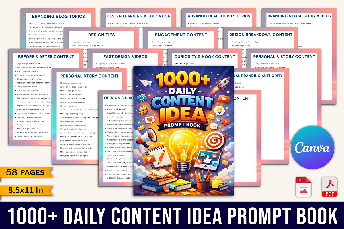 1000+ Daily Content Idea Prompt, a Stationery Template by Designmela01 (Photo 1 of 10)