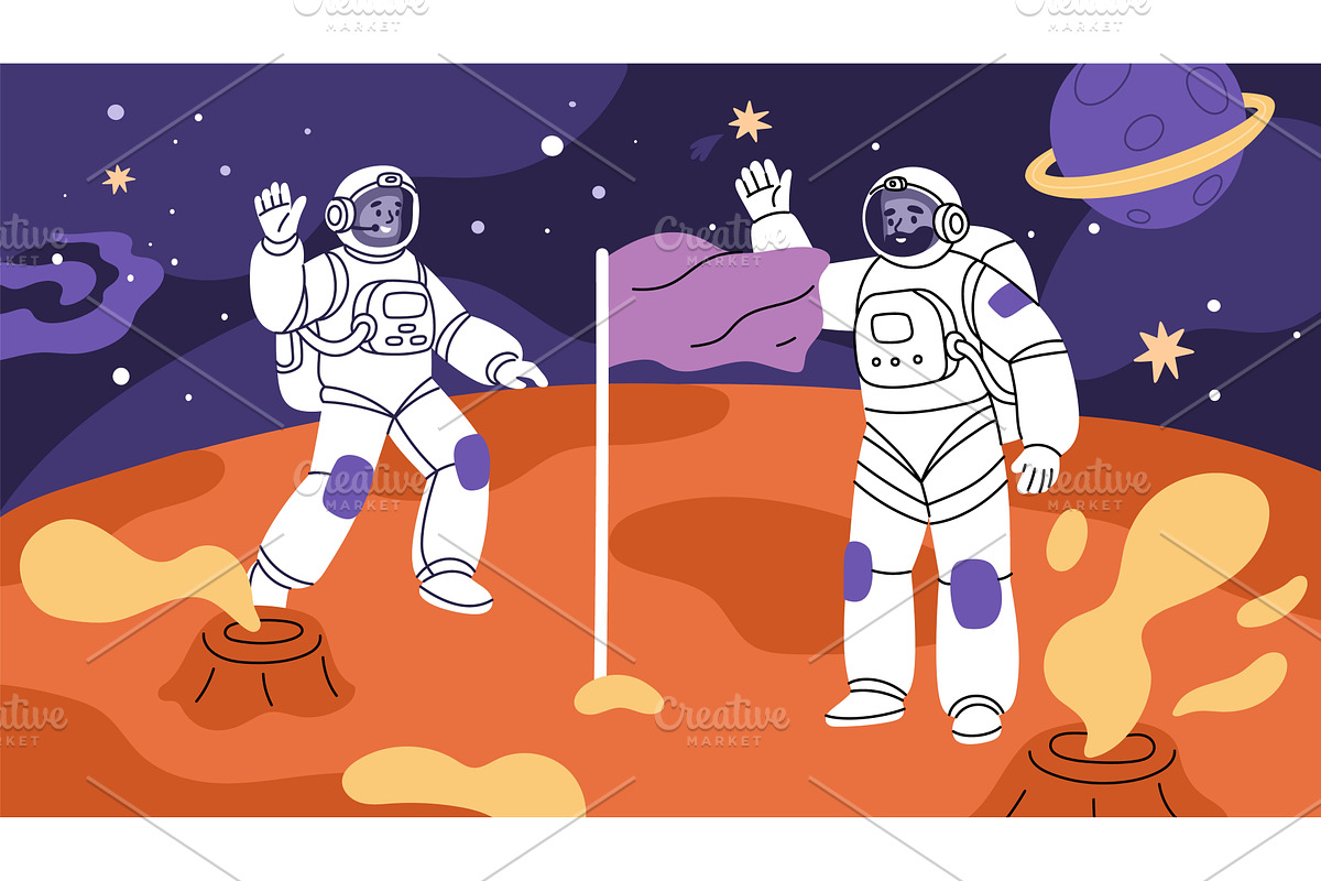 Astronauts characters in open space, an Illustration by YummyBuum