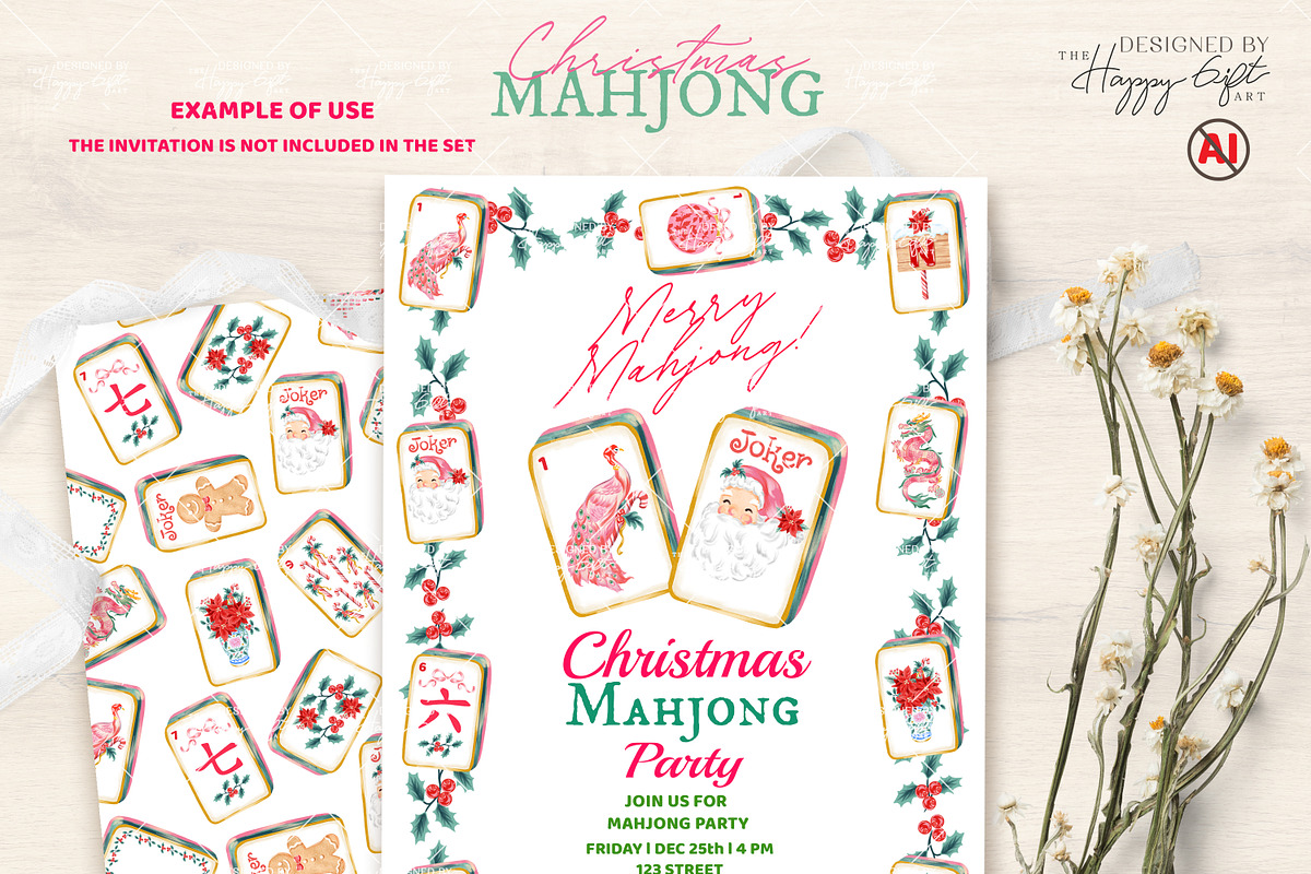 Chinoiserie Christmas Mahjong, a Decorative Illustration by TheHappyGiftArt (Photo 7 of 9)