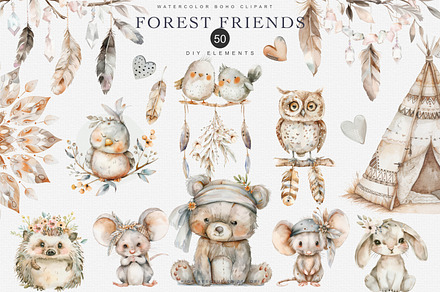 woodland boho animal clipart set, an Animal Illustration by Pink Studio Art