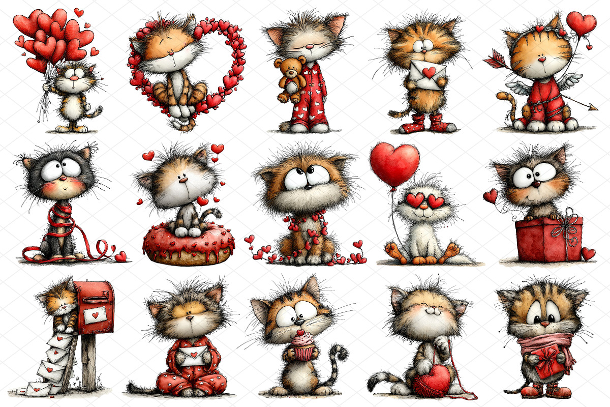 Whimsical Valentine Cats Clipart, an Illustration by cherrydesign (Photo 3 of 4)