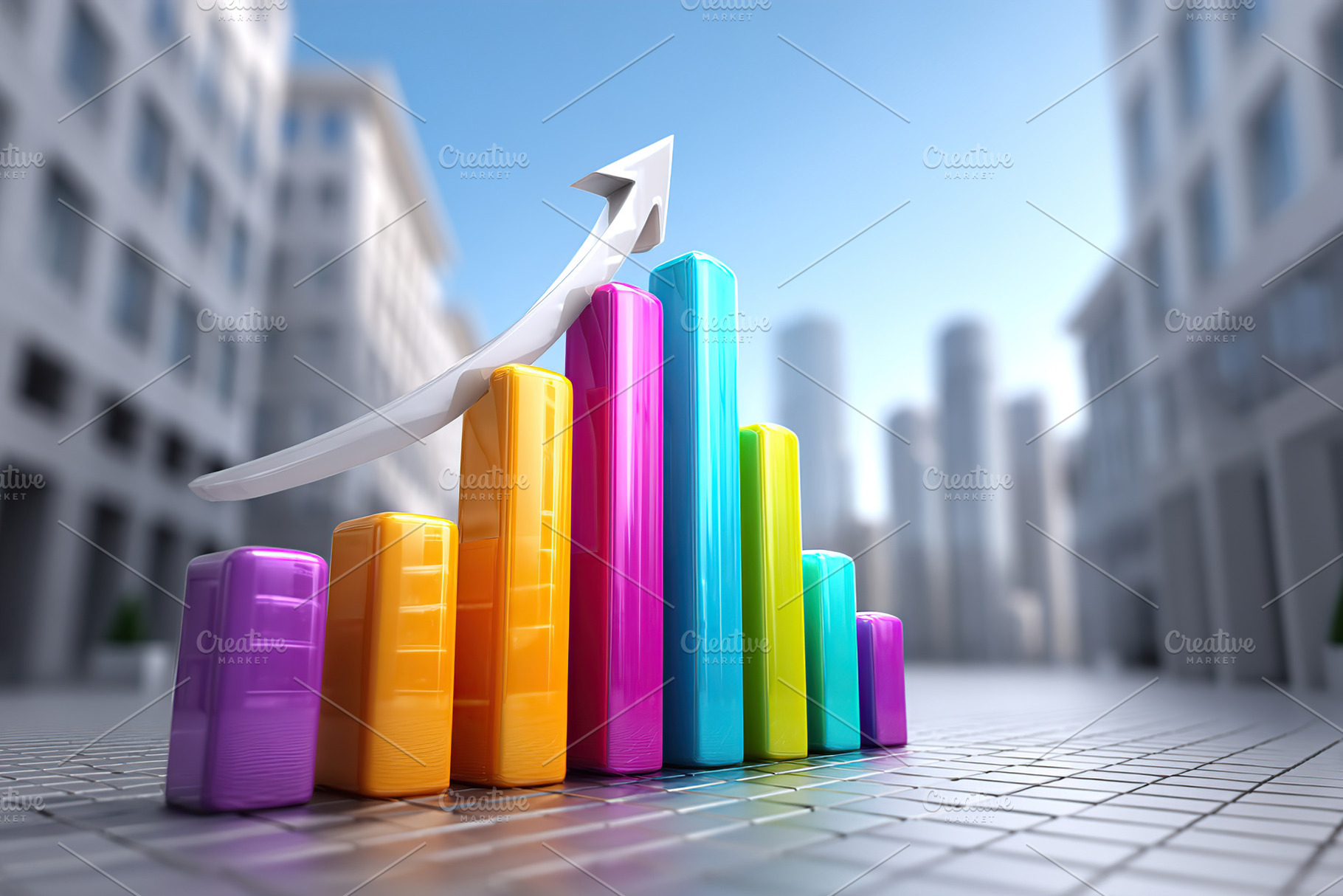 Vibrant bar graphs with upward arrow showcasing growth in a modern urban enviro, a Business Photo by AlyaAnd
