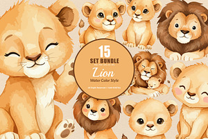 15 Bundle Watercolor Cute Lion Fam, an Animal Illustration by Morspective