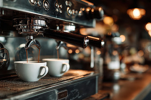 Espresso machine pouring coffee into, a Photo by Pixeness Studio