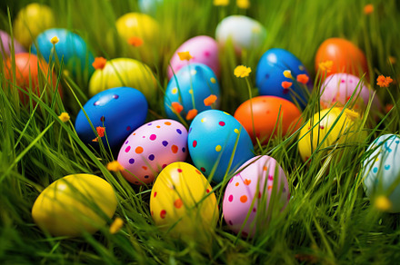 Colorful easter eggs on green grass, a Holiday Photo by AlyaAnd