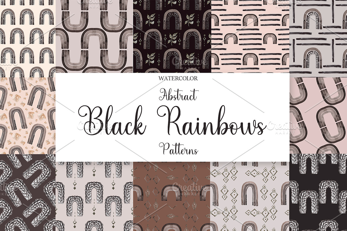 Watercolor Black Rainbows Patterns, a Pattern Graphic by MayaNavits (Photo 1 of 11)