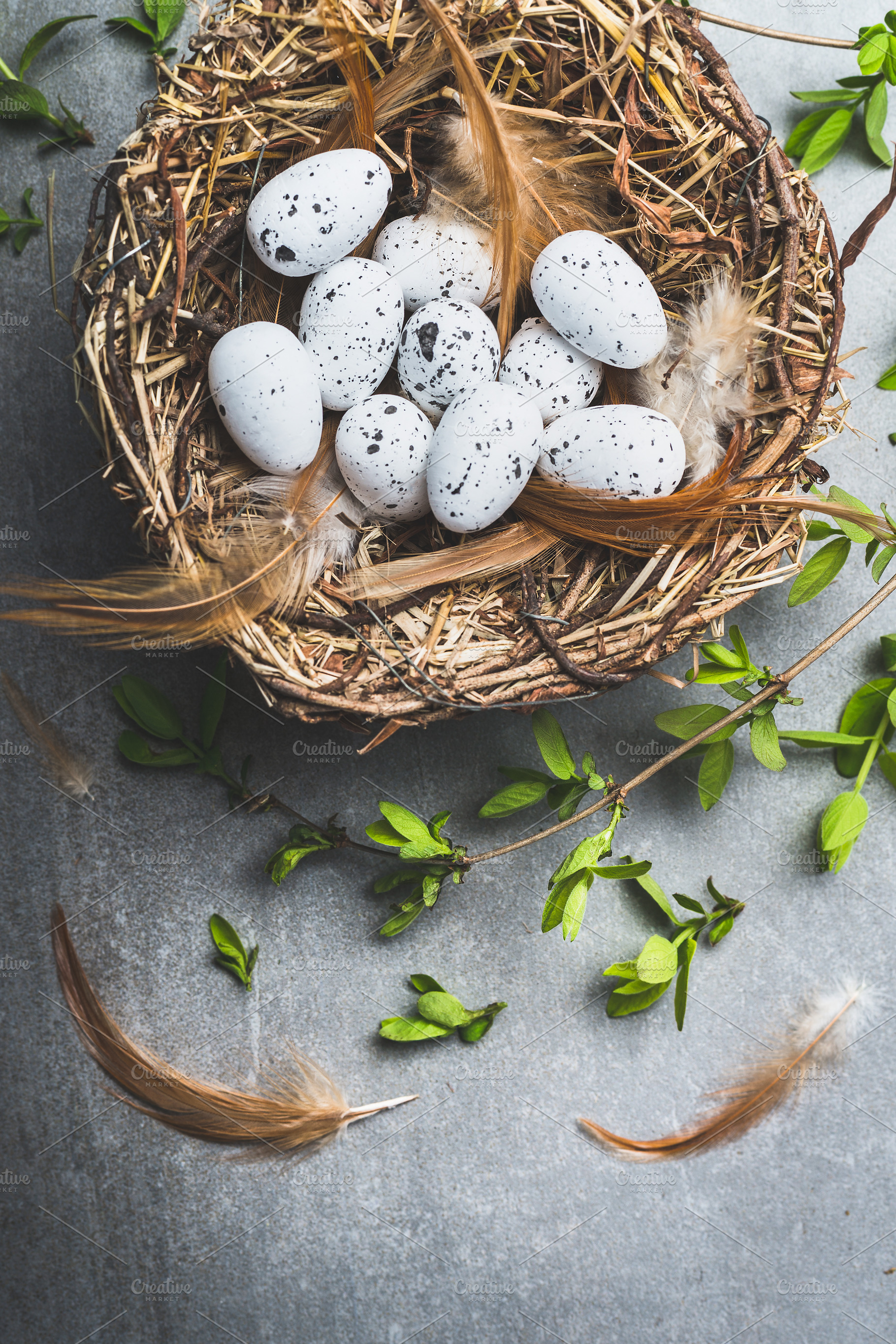 Easter eggs in nest with spring twig, a Holiday Photo by VICUSCHKA