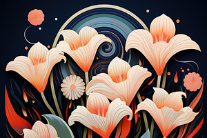 A Vibrant Art Deco Illustration Of Stylized Flowers With Soft Petals In Shades