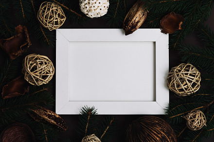 Empty picture frame with pine tree and natural christmas decorat, a Holiday Photo by hitdelight