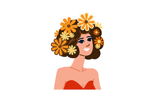 Smiling woman wearing orange flowers, an Illustration by pikepicture