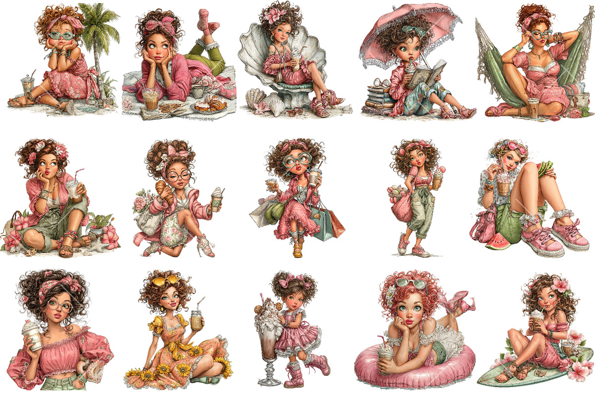 Whimsical Summer Coffee Girl Clipart, an Illustration by OK Design (Photo 3 of 6)