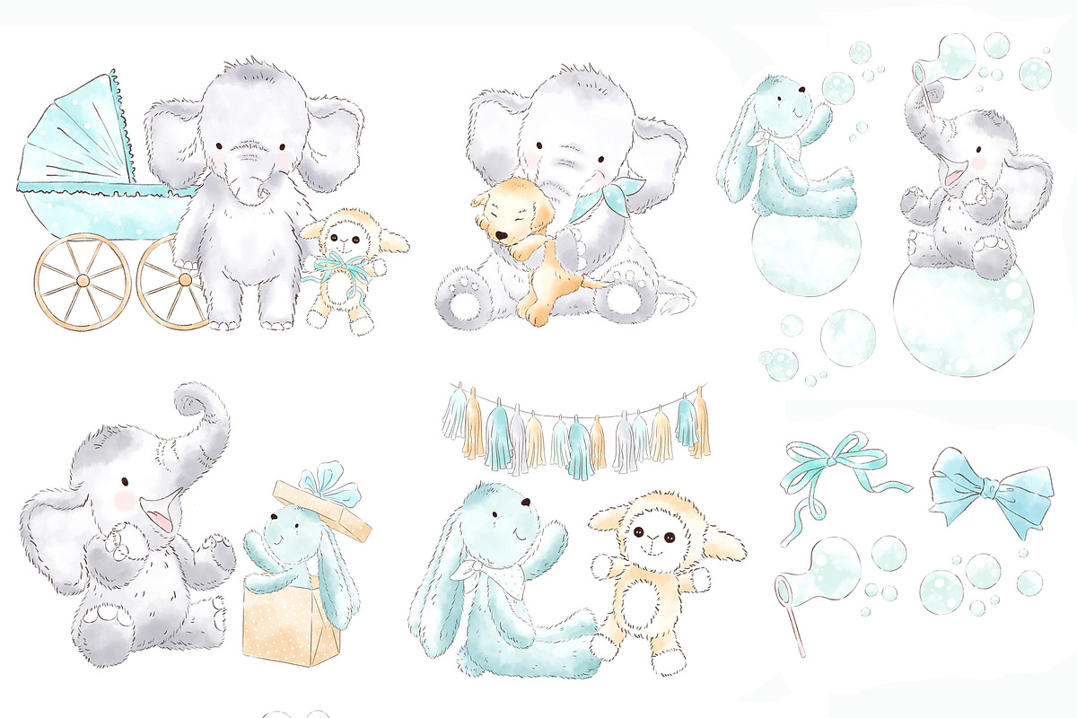 Elephant Babyboy Watercolor Clipart, an Animal Illustration by Magic Story Studio (Photo 2 of 4)