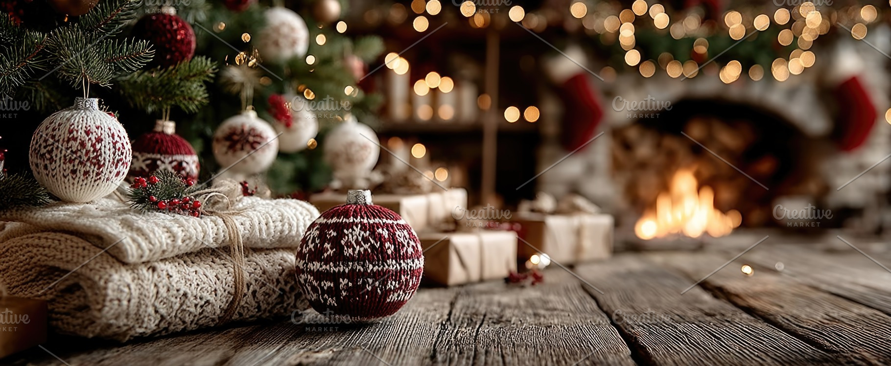 Cozy Christmas Living Room with Knitted Ornaments, Fireplace and, a Background Photo by José Manuel Gelpi
