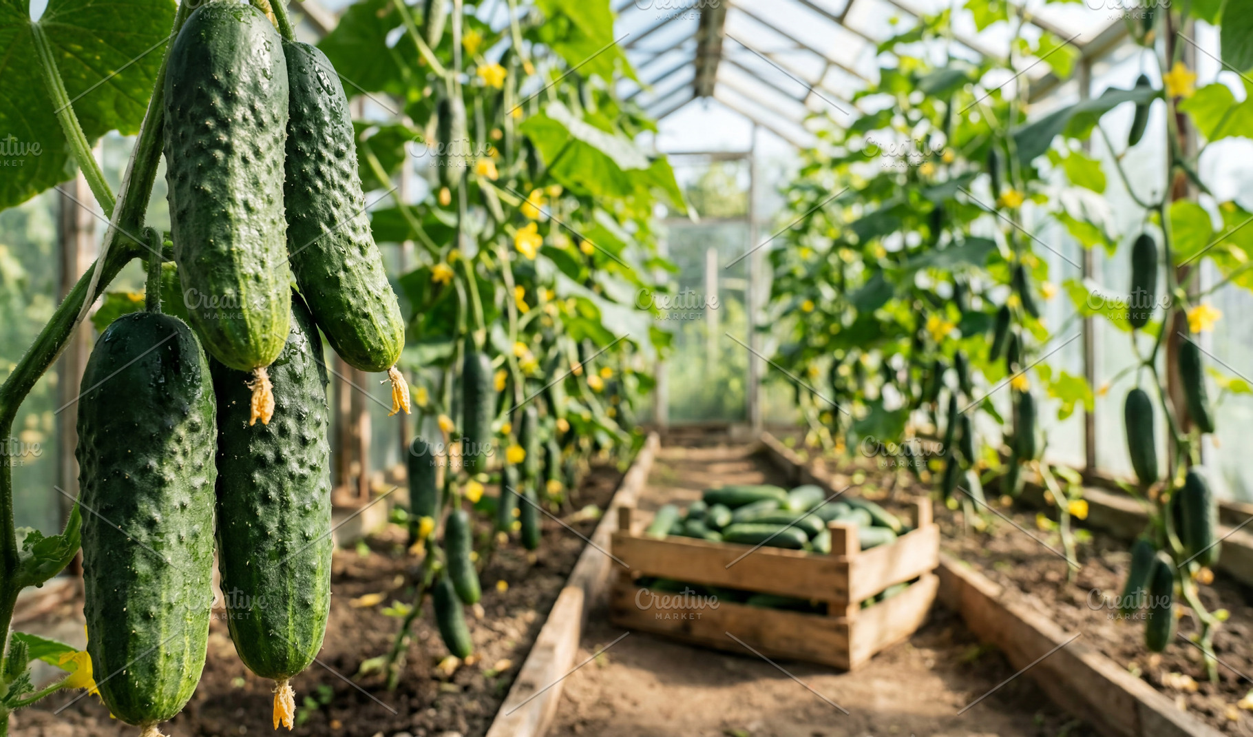 Green cucumbers growing on greenhous, a Food & Drink Photo by Volff