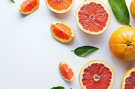 Fresh and tasty grapefruits with green leaves on white background, a Food & Drink Photo by AlyaAnd