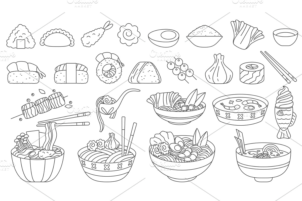 Asian cuisine noodle ramen doodle, a Food Illustration by Lemberg Vector