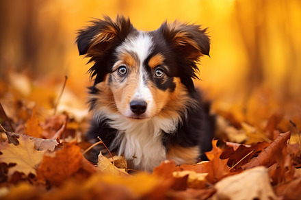Cute dog in autumn leaves. Generative AI, an Animal Photo by AlyaAnd