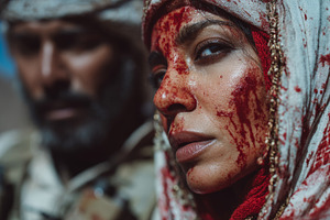 Woman with blood on face wearing headscarf beside blurred soldier, cinematic cl, a Photo by AS photostudio