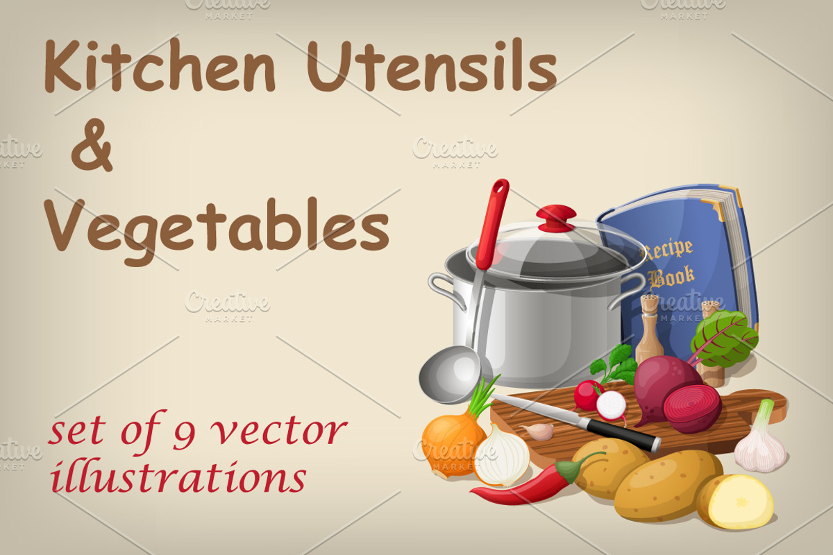 Kitchen utensils and vegetables, a Food Illustration by SHom (Photo 1 of 3)