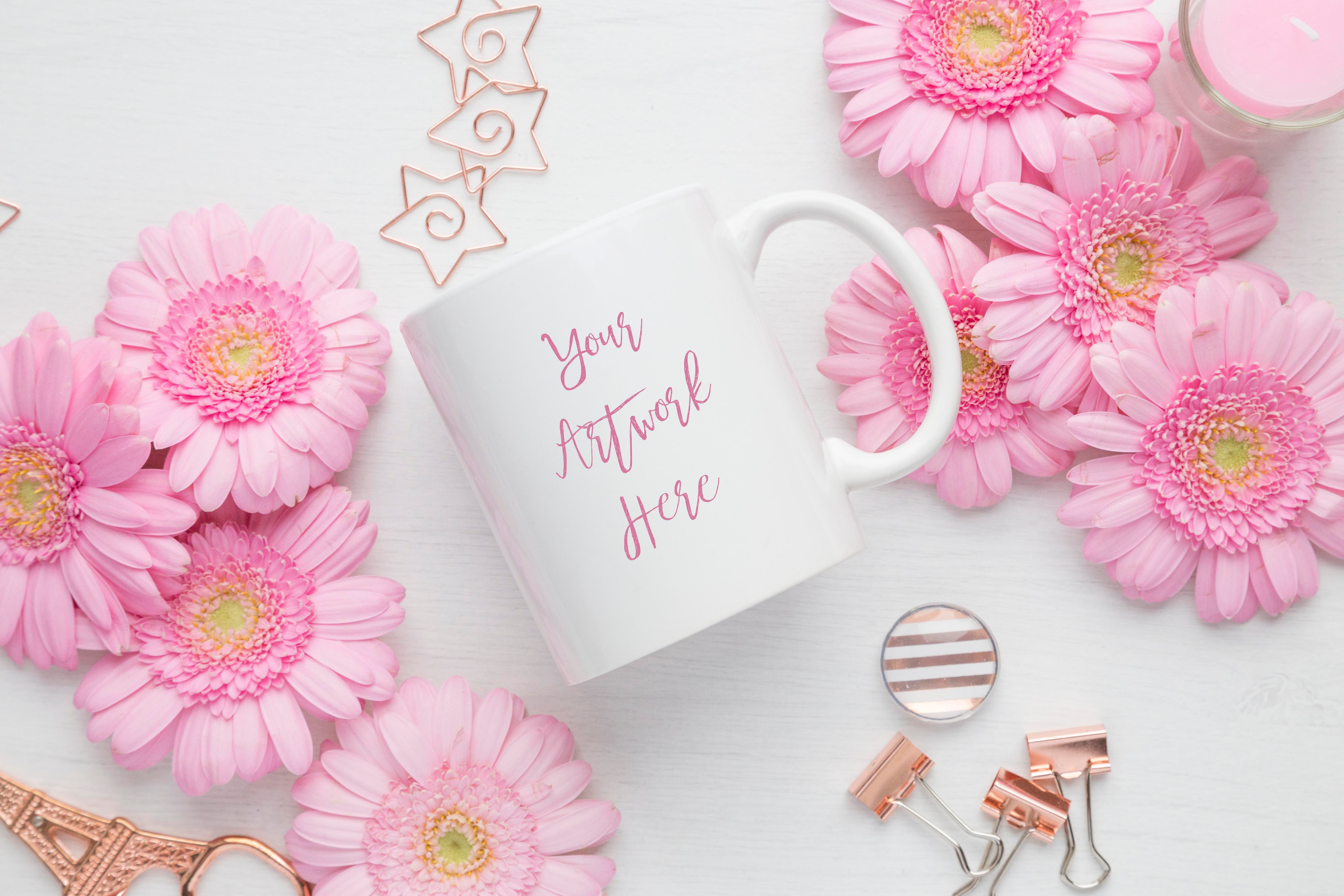 Pink Gerberas White Mug Mockup, A Product Mockup By WanderlustLens