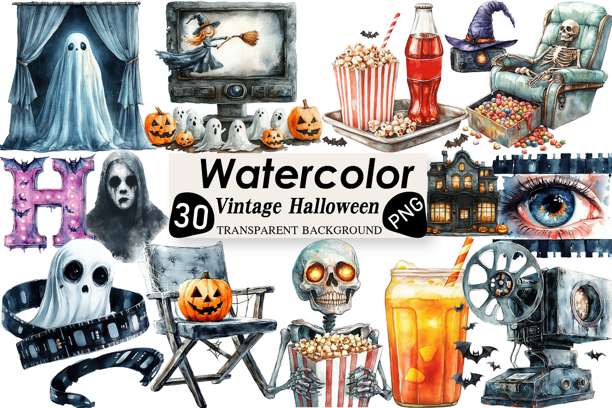 Vintage Halloween Cinema Clipart, an Illustration by Black Bird Studio (Photo 1 of 6)