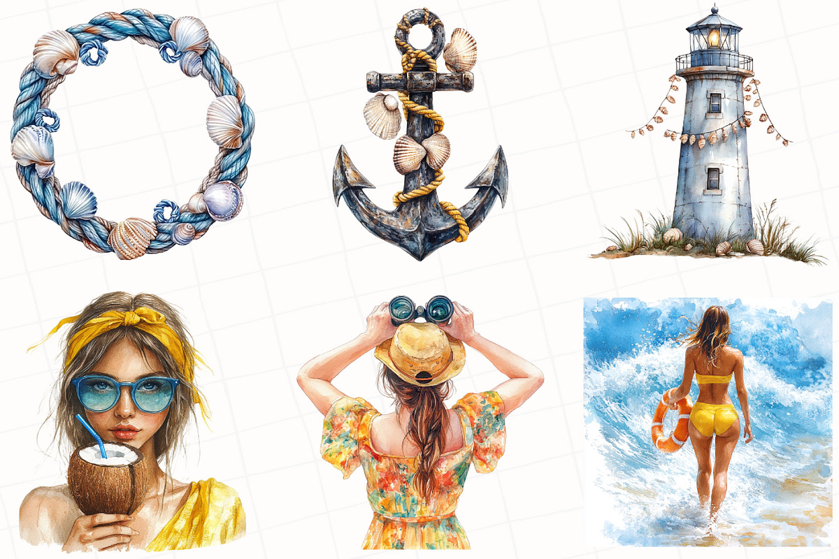 Watercolor Nautical Summer Clipart, an Illustration by OK Design (Photo 3 of 5)