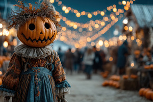Pumpkin-headed scarecrow in rustic dress at Halloween market wit, a Holiday Photo by José Manuel Gelpi
