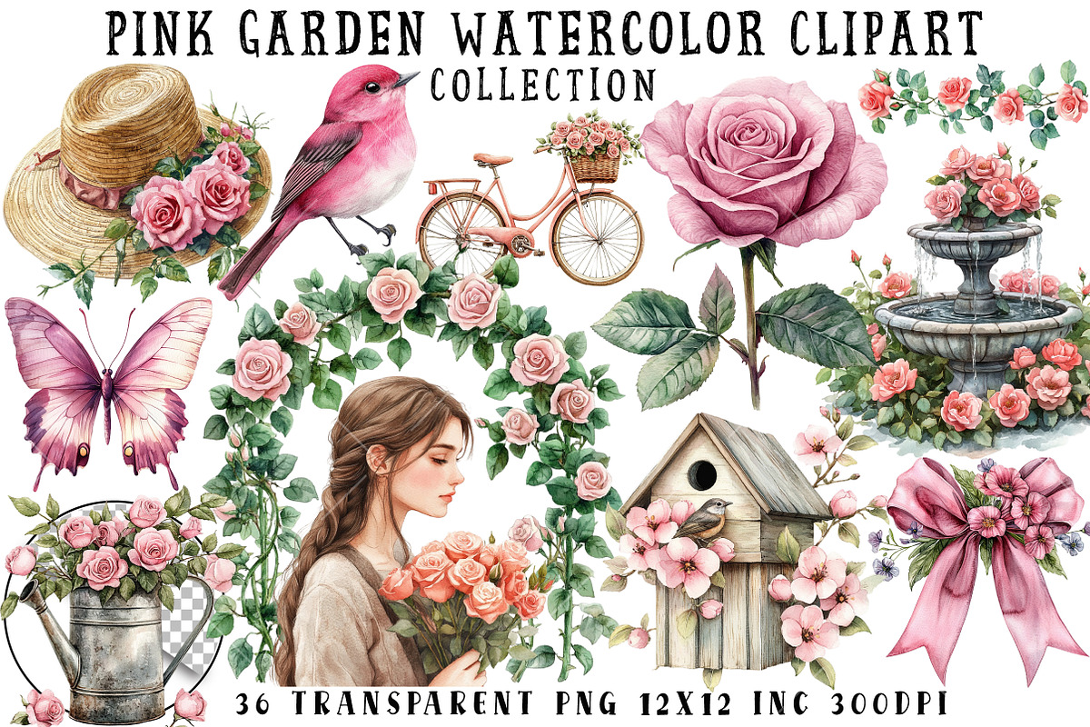 Pink Garden Watercolor Clipart, an Illustration by OK Design (Photo 1 of 6)