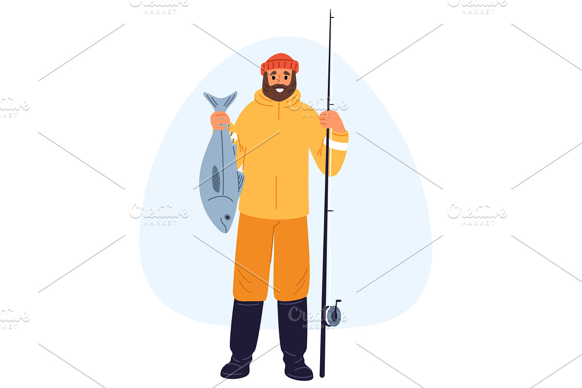 Fisherman with beard and fishing rod, a Sport Illustration by Vectorbuum
