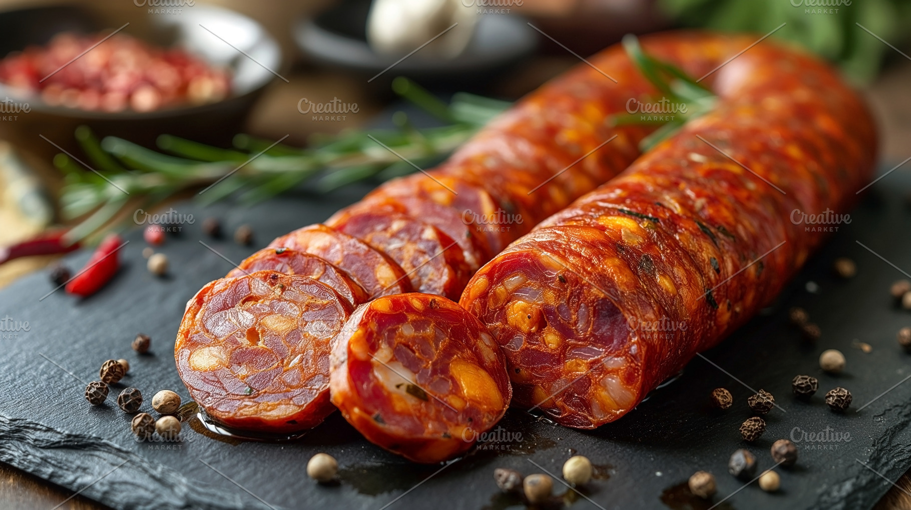 Sliced Spanish chorizo sausage on a slate board with herbs and s, a Food & Drink Photo by ImageMir