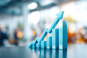 Growing upward trend represented by vibrant blue bars in a modern workspace set, a Photo by AlyaAnd