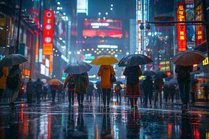 A diverse crowd with colorful umbrellas crosses a rain-soaked street in a vibra, a Person Photo by ImageMir