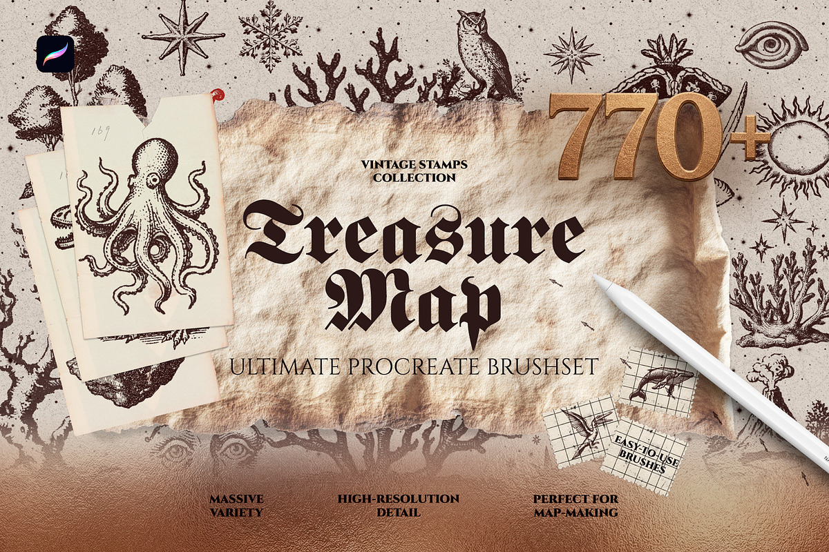 Treasure Map Procreate Brushes, a Shape Add-On by Spasibenko Art (Photo 1 of 13)