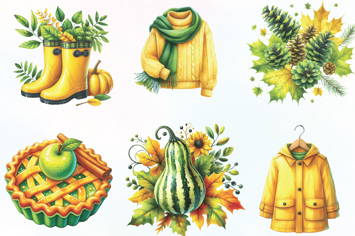 Watercolor Yellow & Green Autumn PNG, an Illustration by CraftArtStudio (Photo 2 of 6)