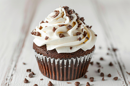 Chocolate cupcakes with white whipped cream on wooden table, a Food & Drink Photo by AlyaAnd