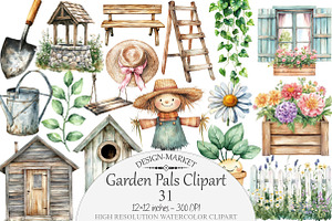 Watercolor Garden Pals Clipart, a Seasonal Illustration by Design Market