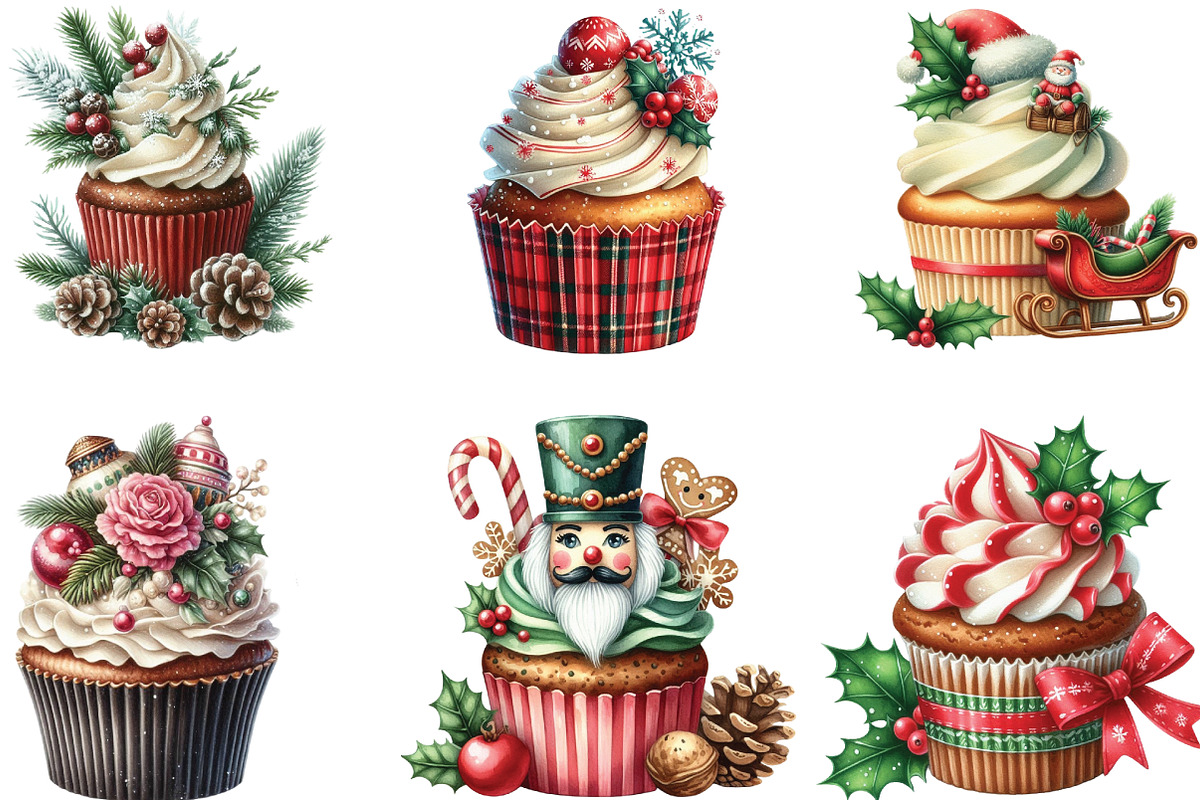 Christmas Cupcakes Vintage Clipart, an Illustration by CraftArtStudio (Photo 3 of 6)