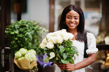 Beautiful african american girl hold featuring women, bouquet, and roses, a Beauty & Fashion Photo by AS photostudio