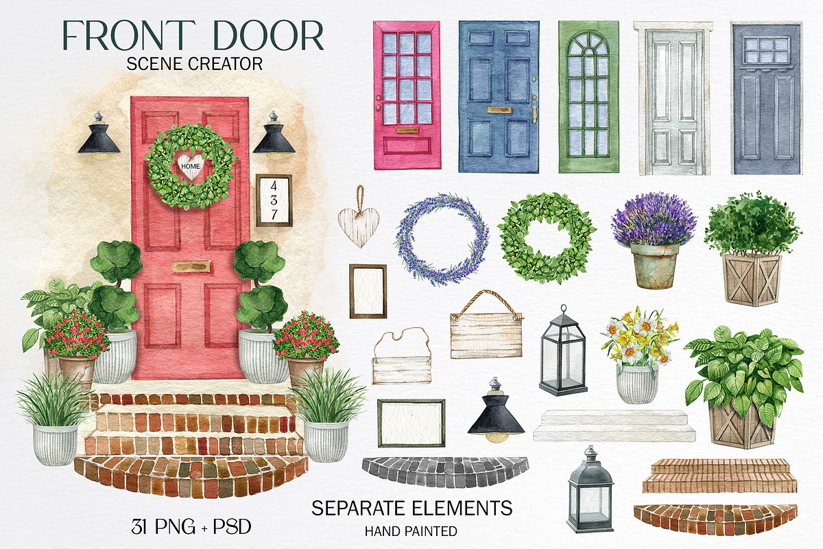 Watercolor front door scene creator, an Object Graphic by yana.fefelova (Photo 1 of 4)