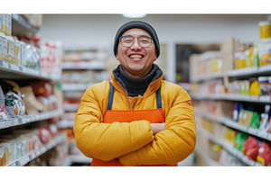 A cheerful Asian store employee in a, a Person Photo by Sergey Kotenev