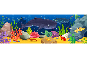 Cartoon sperm whale and corals, an Animal Illustration by Vector Tradition