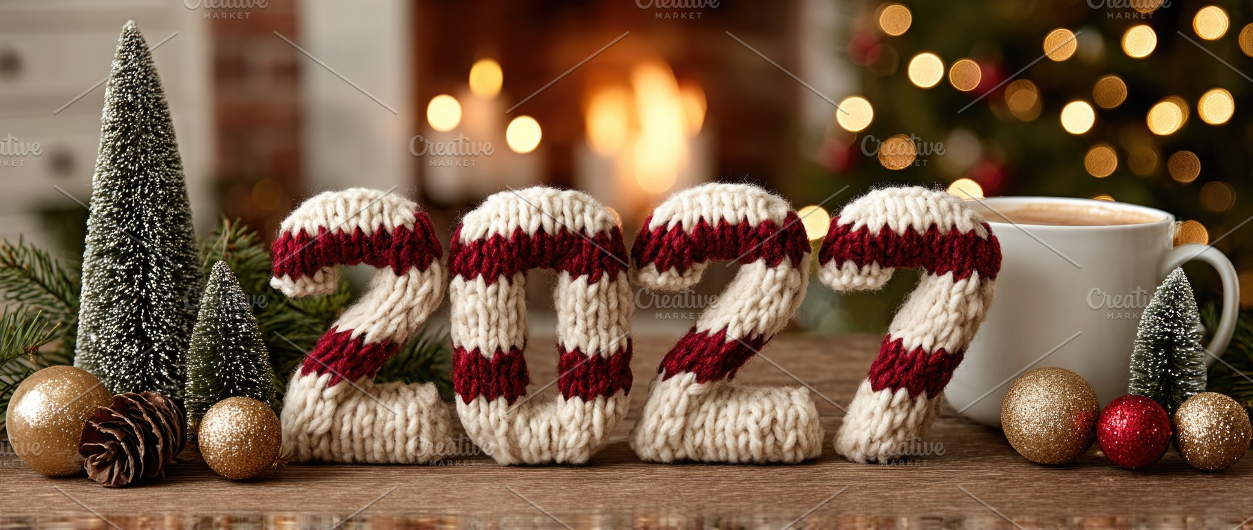 Cozy 2027 New Year Holiday Scene With Knitted Numbers and Firepl, a Holiday Photo by José Manuel Gelpi