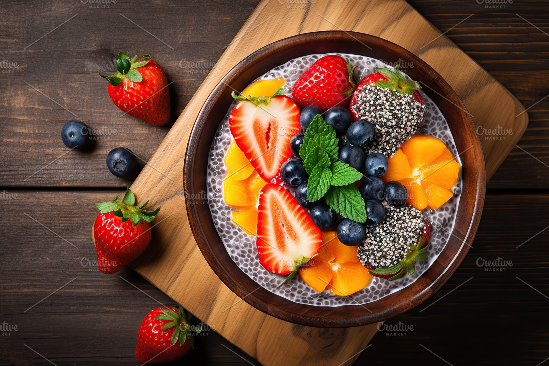 Chia pudding with berries and granola in bowl, a Food & Drink Photo by AlyaAnd